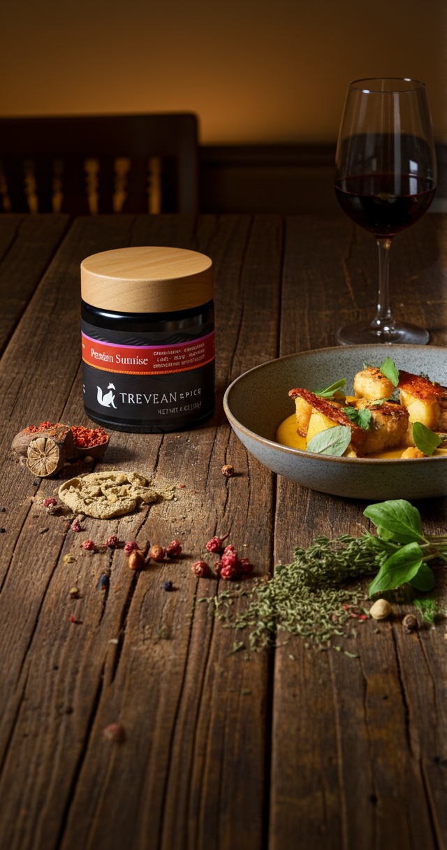 Caribbean Sunset blend — spice jar with island dishes